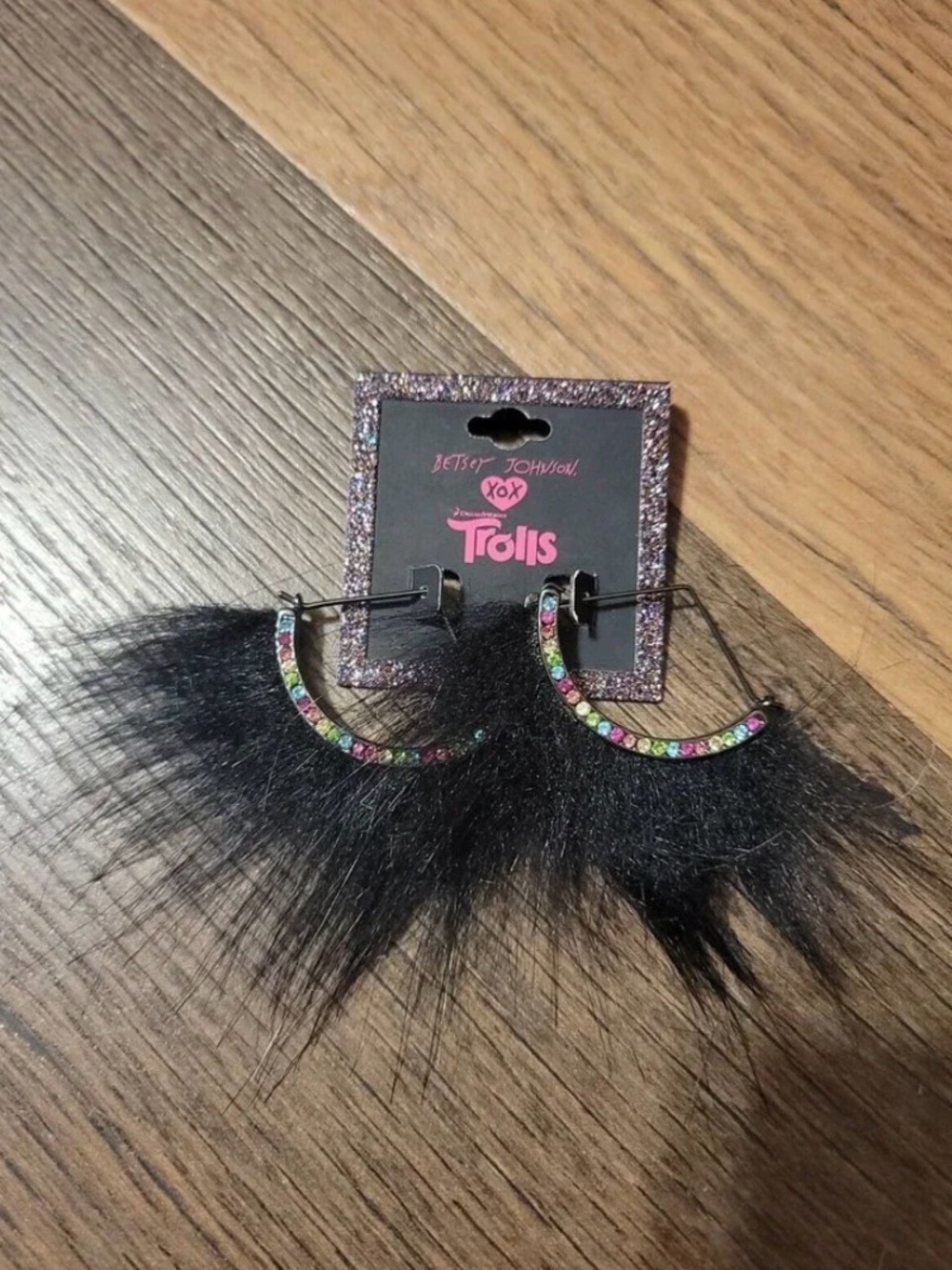 Betsey Johnson Black Faux-Fur Hoop Earrings with Multicolor Gems